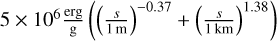 $5 \times {10^6}{{{\rm{crg}}} \over {\rm{g}}}\left( {{{\left( {{s \over {1{\rm{m}}}}} \right)}^{ - 0.37}} + {{\left( {{s \over {1{\rm{km}}}}} \right)}^{1.38}}} \right)$