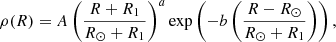 $$ \begin{aligned} \rho (R)&=A\left(\frac{R+R_1}{R_{\odot }+R_1}\right)^a \exp \left(-b\left(\frac{R-R_{\odot }}{R_{\odot }+R_1}\right)\right),\end{aligned} $$