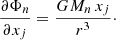 $$ \begin{aligned} \frac{\partial \Phi _{n}}{\partial x_j} = \frac{GM_{n} \, x_j}{r^3}\cdot \end{aligned} $$