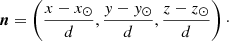 $$ \begin{aligned} \boldsymbol{n} = \left(\frac{x-x_{\odot }}{d},\frac{{ y}-{ y}_{\odot }}{d},\frac{z-z_{\odot }}{d}\right)\cdot \end{aligned} $$
