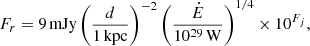 $$ \begin{aligned} F_r = 9\,\mathrm{mJy} \left(\frac{d}{1\,\mathrm{kpc}}\right)^{-2} \left(\frac{\dot{E}}{10^{29}\,\mathrm{W}}\right)^{1/4} \times 10^{F_{j}}, \end{aligned} $$