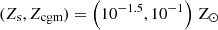 $ (Z_{\mathrm{s}}, Z_{\mathrm{cgm}}) = \left(10^{-1.5}, 10^{-1}\right)\,\mathrm{Z}_{\odot} $