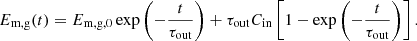$$ \begin{aligned} E_{\mathrm{m,g} }(t) = E_{\mathrm{m,g,0} }\exp {\left(-\frac{t}{\tau _{\mathrm{out} }}\right)} + \tau _{\mathrm{out} }C_{\mathrm{in} } \left[1-\exp {\left(-\frac{t}{\tau _{\mathrm{out} }}\right)}\right]. \end{aligned} $$