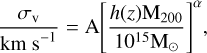${{{\sigma _{\rm{v}}}} \over {{\rm{km}}\,\,{{\rm{s}}^{ - 1}}}} = {\rm{A}}{\left[ {{{h(z){{\rm{M}}_{200}}} \over {{{10}^{15}}{{\rm{M}}_ \odot }}}} \right]^\alpha },$