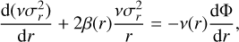 ${{{\rm{d}}\left( {v\sigma _r^2} \right)} \over {{\rm{d}}r}} + 2\beta (r){{v\sigma _r^2} \over r} = - \nu (r){{{\rm{d\Phi }}} \over {{\rm{d}}r}},$