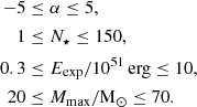 $$ \begin{aligned} -5&\le \alpha \le 5 , \\ 1&\le N_{\star } \le 150 , \\ 0.3&\le E_{\rm exp}/10^{51}\,\mathrm{erg} \le 10 ,\\ 20&\le M_{\rm max}/ \mathrm{M_{\odot }} \le 70 . \end{aligned} $$