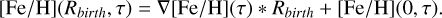 $[{\rm{Fe}}/{\rm{H}}]\left( {{R_{{\rm{birth }}}},\tau } \right) = \nabla [{\rm{Fe}}/{\rm{H}}](\tau )*{R_{{\rm{birth }}}} + [{\rm{Fe}}/{\rm{H}}](0,\tau ).$