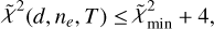 ${\tilde \chi ^2}\left( {d,{n_e},T} \right) \le \tilde \chi _{\min }^2 + 4,$