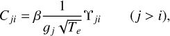 ${C_{ji}} = \beta {1 \over {{g_j}\sqrt {{T_e}} }}{{\rm{\Upsilon }}_{ji}}\quad (j > i),$