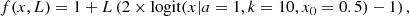 $$ \begin{aligned} f(x,L) = 1+L \left( 2 \times \mathrm{logit}(x|a = 1,k = 10,x_0 = 0.5 ) -1 \right), \end{aligned} $$