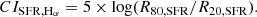 $$ \begin{aligned} CI_{\rm SFR, H_{\alpha }} = 5 \times \mathrm{log}(R_{\rm 80,SFR}/R_{\rm 20,SFR}). \end{aligned} $$
