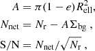 $$ \begin{aligned} A&= \pi (1-e) R_{\rm ell}^2, \nonumber \\ N_{\rm net}&= N_{\rm r} - A \Sigma _{\rm bg} \ , \\ \mathrm{S/N}&= N_{\rm net} / \sqrt{N_{\rm r}}\ , \nonumber \end{aligned} $$