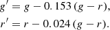 $$ \begin{aligned} g^\prime&= g - 0.153\,(g-r) , \\ r^\prime&= r - 0.024\,(g-r). \end{aligned} $$