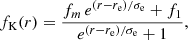 $$ \begin{aligned} f_{\mathrm{K} }(r) = \frac{f_m\,e^{(r- r_{\rm e})/\sigma _{\mathrm{e} }} + f_1}{e^{(r- r_{\rm e})/\sigma _{\mathrm{e} }} + 1}, \end{aligned} $$
