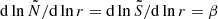 $ \mathrm{d}\ln \tilde{N}/\mathrm{d}\ln r=\mathrm{d}\ln\tilde{S}/\mathrm{d}\ln r=\beta $