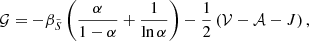 $$ \begin{aligned} \mathcal{G} = -{\beta _{\tilde{S}}} \left(\frac{\alpha }{1 - \alpha } + \frac{1}{\ln \alpha }\right) - \frac{1}{2}\left(\mathcal{V} - \mathcal{A} - J\right), \end{aligned} $$