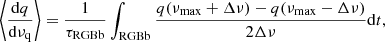 $$ \begin{aligned} \left\langle \frac{{\mathrm{d} } q}{{\mathrm{d} }\nu _\mathrm{q} }\right\rangle = \frac{1}{\tau _{\mathrm{RGBb} }}\int _{\mathrm{RGBb} }\frac{q(\nu _{\mathrm{max} } + \Delta \nu ) - q(\nu _{\mathrm{max} } - \Delta \nu )}{2 \Delta \nu }\mathrm{d} t, \end{aligned} $$