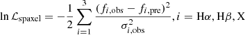 $$ \begin{aligned} \ln \mathcal{L} _{\rm spaxel} = -\frac{1}{2}\sum _{i = 1}^{3}\frac{(f_{i,\mathrm {obs}}-f_{i,\mathrm {pre}})^2}{\sigma _{i,\mathrm {obs}}^2}, i=\mathrm{H}\alpha , \mathrm{H}\beta , \mathrm{X} \end{aligned} $$