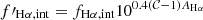 $ f\prime_{\mathrm{H\alpha, int}}=f_{\mathrm{H\alpha, int}} 10^{0.4(\mathcal{C}-1)A_{\mathrm{H\alpha}}} $