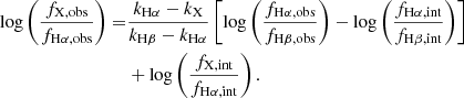 $$ \begin{aligned} \log \left(\frac{f_{\rm X,obs}}{f_{\rm H\alpha ,obs}}\right) =&\frac{k_{\rm H\alpha }-k_{\rm X}}{k_{\rm H\beta }-k_{\rm H\alpha }}\left[\log \left(\frac{f_{\rm H\alpha ,obs}}{f_{\rm H\beta ,obs}}\right) - \log \left(\frac{f_{\rm H\alpha ,int}}{f_{\rm H\beta ,int}}\right)\right] \nonumber \\&+ \log \left(\frac{f_{\rm X,int}}{f_{\rm H\alpha ,int}}\right). \end{aligned} $$