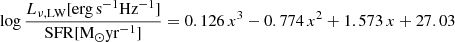 $$ \begin{aligned} \log \frac{L_{\nu ,\mathrm{LW}}[{\mathrm{erg \,s}^{-1} \mathrm{Hz}^{-1}}]}{\mathrm{SFR}[\mathrm{M}_\odot \mathrm{yr}^{-1}]} = 0.126\, x^3 - 0.774\, x^2 +1.573\, x + 27.03 \end{aligned} $$