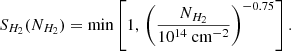 $$ \begin{aligned} S_{H_2} (N_{H_2} ) = \min \left[1, \, \left(\frac{N_{H_2}}{10^{14}~\mathrm {cm}^{-2}}\right)^{-0.75} \right]. \end{aligned} $$