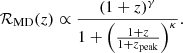 $$ \begin{aligned} \mathcal{R} _{\rm MD}(z) \propto \frac{(1+z)^\gamma }{1+\left(\frac{1+z}{1+z_{\rm peak}}\right)^\kappa } . \end{aligned} $$