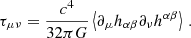 $$ \begin{aligned} \tau _{\mu \nu } = \frac{c^4}{32 \pi G} \left<\partial _{\mu } h_{\alpha \beta } \partial _{\nu } h^{\alpha \beta } \right>\,. \end{aligned} $$