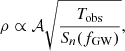 $$ \begin{aligned} \rho \propto \mathcal{A} \sqrt{\frac{T_{\rm obs}}{S_n(f_{\rm GW})}}, \end{aligned} $$