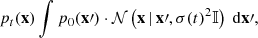 $$ \begin{aligned} p_t(\mathbf{x}) \int p_0(\mathbf{x}\prime ) \cdot \mathcal{N} \left(\mathbf{x}\,|\,\mathbf{x}\prime , \sigma (t)^2\mathbb{I} \right) \;\mathrm{d}\mathbf{x}\prime , \end{aligned} $$