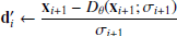 $ \mathbf{d}^\prime_i \gets \frac{\mathbf{x}_{i+1} - D_\theta(\mathbf{x}_{i+1}; \sigma_{i+1}) }{\sigma_{i+1}} $