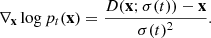 $$ \begin{aligned} \nabla _{\mathbf{x}} \log p_t(\mathbf{x}) = \frac{D(\mathbf{x}; \sigma (t)) - \mathbf{x}}{\sigma (t)^2}. \end{aligned} $$