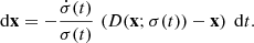 $$ \begin{aligned} \mathrm{d} \mathbf{x}=-\frac{\dot{\sigma }(t)}{\sigma (t)} \, \left( D(\mathbf{x}; \sigma (t)) - \mathbf{x} \right) \;\mathrm{d} t. \end{aligned} $$