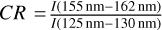 $\[C R=\frac{I(155 \mathrm{~nm}-162 \mathrm{~nm})}{I(125 \mathrm{~nm}-130 \mathrm{~nm})}\]$
