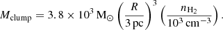 $$ \begin{aligned} M_{\rm clump} = 3.8\times 10^3\,\mathrm{M}_{\odot } \left( \frac{R}{3\,\mathrm{pc}} \right)^3 \left( \frac{n_{\rm H_2}}{10^3\,\mathrm {cm}^{-3}} \right). \end{aligned} $$