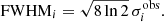 $$ \begin{aligned} \mathrm{FWHM}_i = \sqrt{8 \ln 2} \, \sigma _{i}^\mathrm{obs}. \end{aligned} $$
