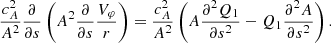 $$ \begin{aligned} \frac{c_{A}^2}{A^2}\frac{\partial }{\partial s} \left( A^2 \frac{\partial }{\partial s} \frac{V_\varphi }{r}\right) = \frac{c_{A}^2}{A^2} \left(A \frac{\partial ^2 Q_1}{\partial s^2} - Q_1 \frac{\partial ^2 A}{\partial s^2} \right). \end{aligned} $$