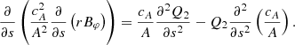 $$ \begin{aligned} \frac{\partial }{\partial s} \left( \frac{c_{A}^2}{A^2} \frac{\partial }{\partial s}\left( r B_\varphi \right)\right) = \frac{c_{A}}{A} \frac{\partial ^2 Q_2}{\partial s^2} - Q_2 \frac{\partial ^2 }{\partial s^2} \left( \frac{c_{A}}{A} \right). \end{aligned} $$