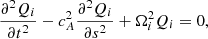 $$ \begin{aligned} \frac{\partial ^2 Q_i}{\partial t^2} - c_{A}^2 \frac{\partial ^2 Q_i}{\partial s^2} + \Omega _i^2 Q_i = 0, \end{aligned} $$