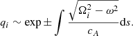 $$ \begin{aligned} q_i \sim \exp {\pm \int \frac{\sqrt{\Omega _i^2-\omega ^2}}{c_{A}}\mathrm{d}s}. \end{aligned} $$