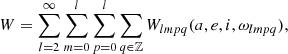 $$ \begin{aligned} W = \sum _{l=2}^{\infty } \sum _{m=0}^l \sum _{p=0}^{l} \sum _{q\in \mathbb{Z} } W_{lmpq} (a, e, i,\omega _{lmpq}) , \end{aligned} $$