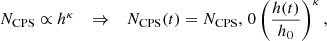 $$ \begin{aligned} N_\mathrm{CPS} \propto h^\kappa \quad \Rightarrow \quad N_\mathrm{CPS} (t) = N_\mathrm {CPS},\, 0 \left(\frac{h(t)}{h_0}\right)^\kappa , \end{aligned} $$