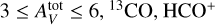 $\[\left(3 \leq A_{V}^{\text {tot }} \leq 6,{ }^{13} \mathrm{CO}, \mathrm{HCO}^{+}\right.\]$