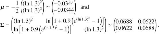 $\[\begin{aligned}\boldsymbol{\mu} & =-\frac{1}{2}\binom{(\ln 1.3)^2}{(\ln 1.3)^2} \simeq\binom{-0.0344}{-0.0344} \text { and } \\\boldsymbol{\Sigma} & =\left(\begin{array}{lr}(\ln 1.3)^2 \qquad \ln \left[1+0.9\left(e^{(\ln 1.3)^2}-1\right)\right] \\\ln \left[1+0.9\left(e^{(\ln 1.3)^2}-1\right)\right] \qquad (\ln 1.3)^2\end{array}\right) \simeq\left(\begin{array}{ll}0.0688 & 0.0622 \\0.0622 & 0.0688\end{array}\right).\end{aligned}\]$