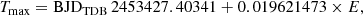 $$ \begin{aligned} T_{\rm max} = \mathrm{BJD}_{\rm TDB}\,2453427.40341 + 0.019621473 \times E, \end{aligned} $$