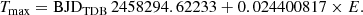 $$ \begin{aligned} T_{\rm max} = \mathrm{BJD}_{\rm TDB}\,2458294.62233 + 0.024400817 \times E. \end{aligned} $$