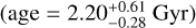 $\left( {{\rm{age}} = 2.20_{ - 0.25}^{ + 0.61}\,{\rm{Gyr}}} \right)$
