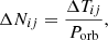 $$ \begin{aligned} \Delta N_{ij} = \frac{\Delta T_{ij}}{P_{\mathrm{orb}}}, \end{aligned} $$
