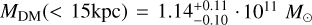$\[M_{\mathrm{DM}}(<15 \mathrm{kpc})=1.14_{-0.10}^{+0.11} \cdot 10^{11} ~M_{\odot}\]$