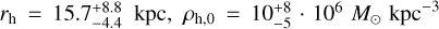 $\[r_{\mathrm{h}}=15.7_{-4.4}^{+8.8} ~\mathrm{kpc}, ~\rho_{\mathrm{h}, 0}=10_{-5}^{+8} \cdot 10^{6} ~M_{\odot} ~\mathrm{kpc}^{-3}\]$
